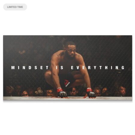 Full wide shot of the motivational canvas, Jon Jones - Mindset Is Everything, under dramatic arena lights.