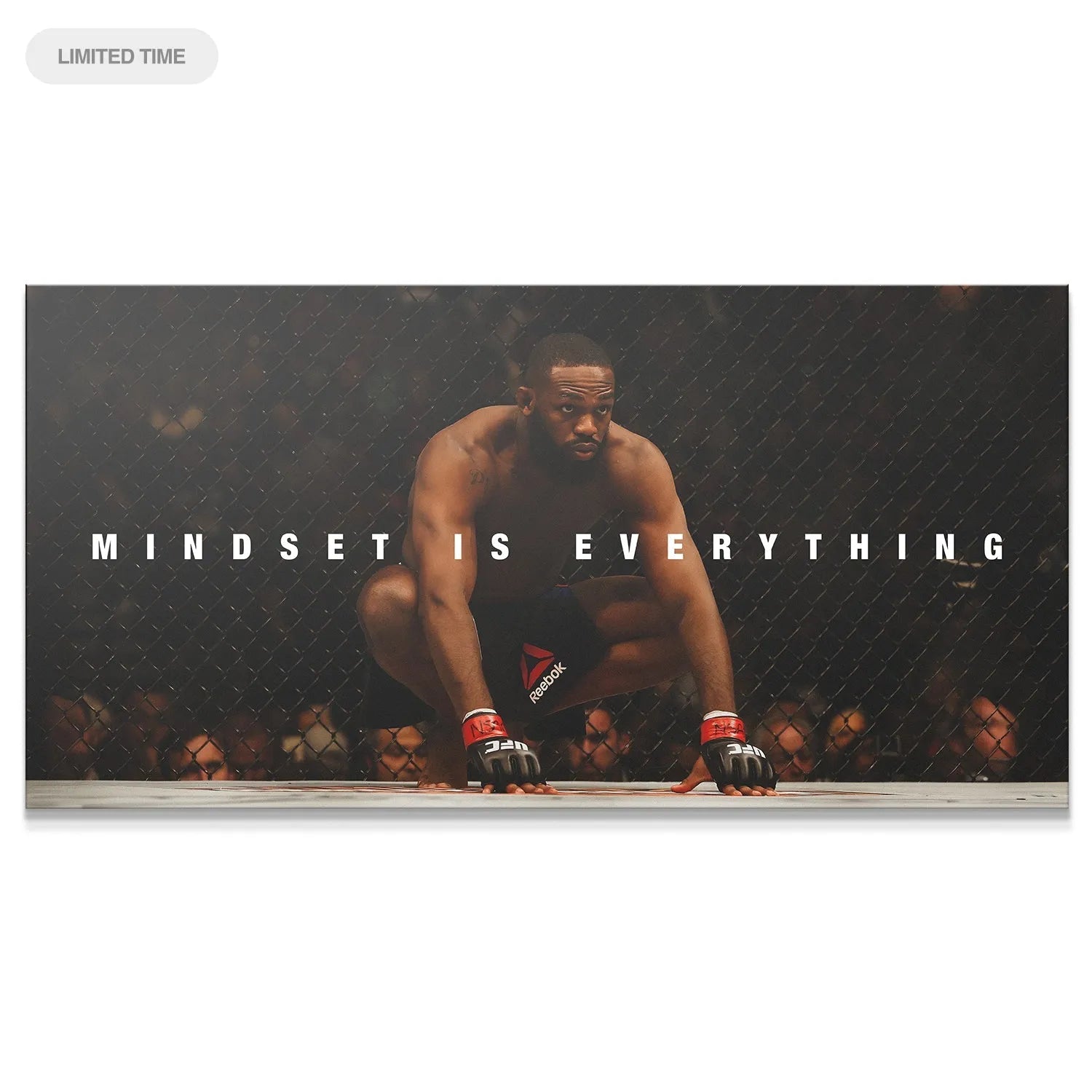 Full wide shot of the motivational canvas, Jon Jones - Mindset Is Everything, under dramatic arena lights.