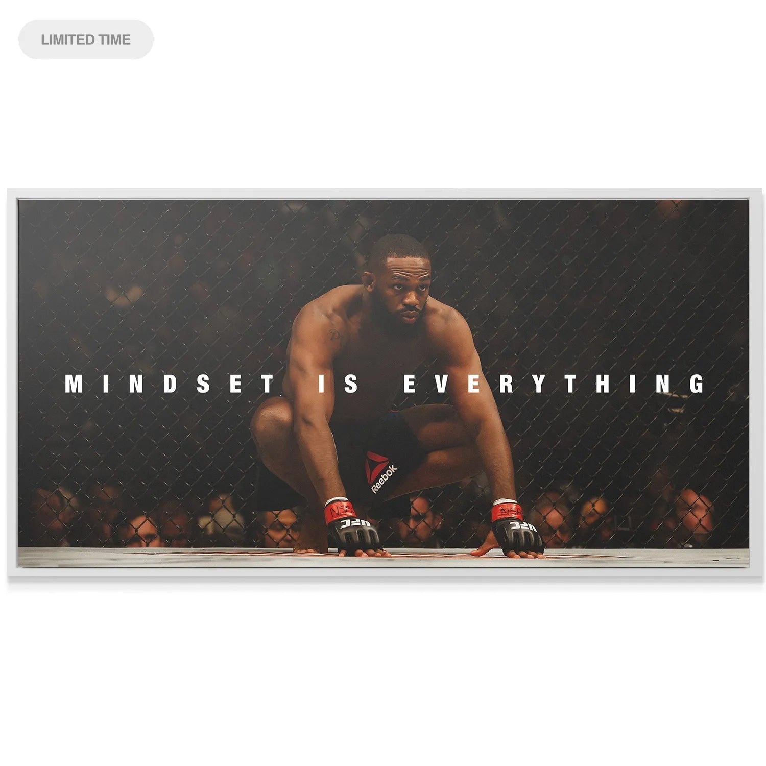 Jon Jones in a powerful, low crouching stance inside the cage, central to the message of Jon Jones - Mindset Is Everything.
