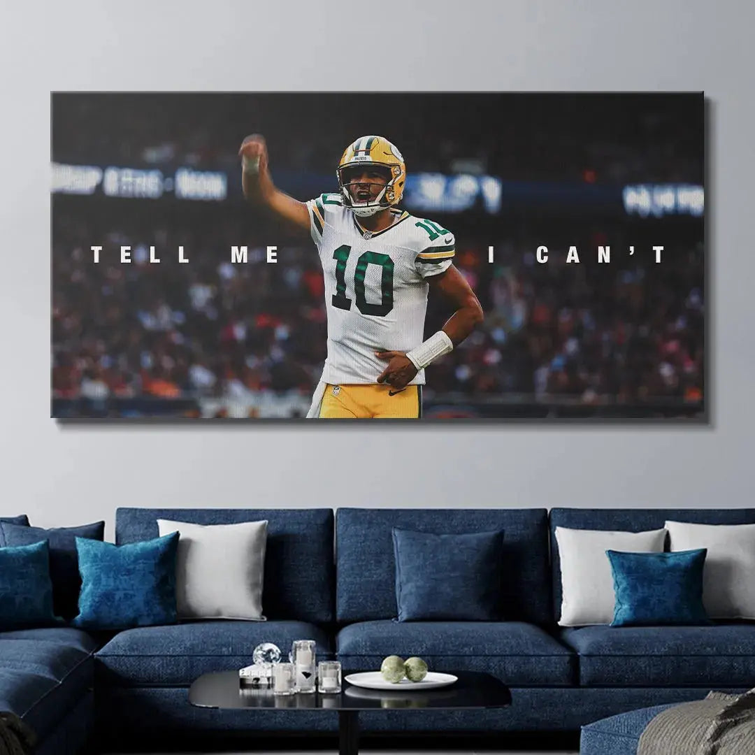 Angled side view highlighting the gallery-wrapped edge texture of the 'Jordan Love - Tell Me I Can't' wall decor.