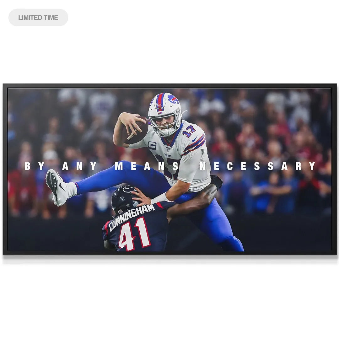 Close-up detail of Josh Allen's focused face and helmet captured in the Josh Allen - By Any Means 2 canvas art print.