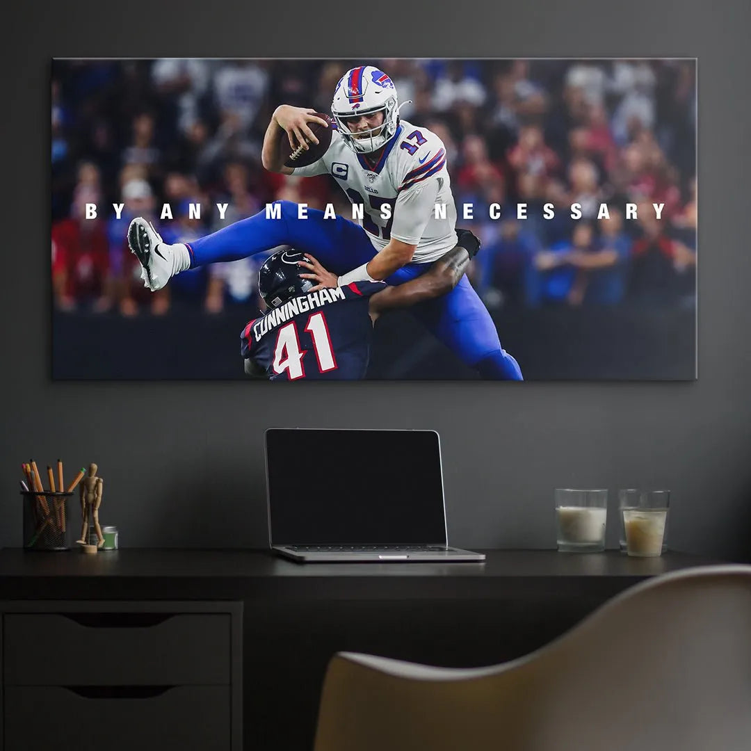 Full stadium background blur effect emphasizing the central figure and action of Josh Allen - By Any Means 2 artwork.