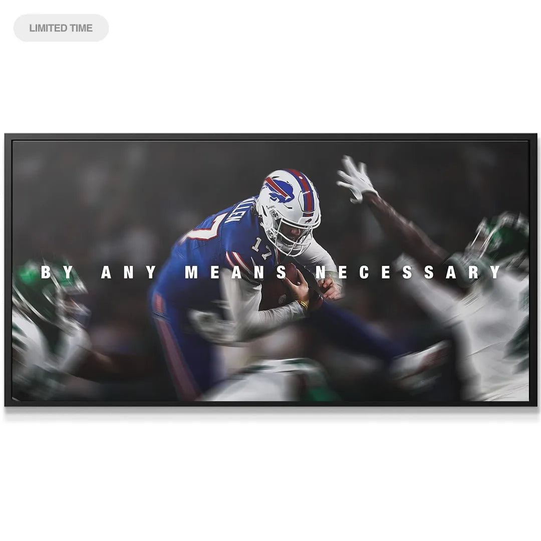 Wide angle shot of the canvas featuring Josh Allen - By Any Means highlighting the dramatic stadium lighting.