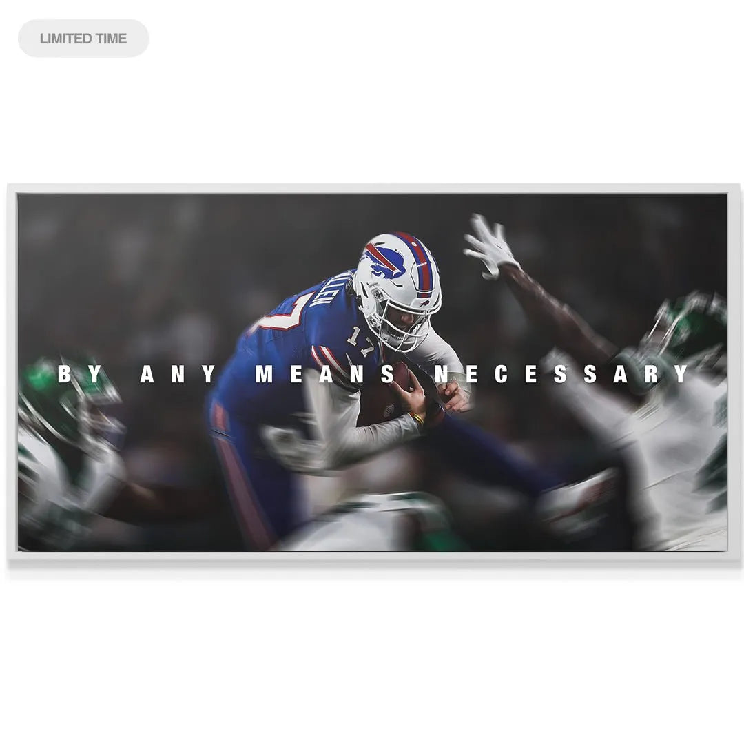 Lifestyle depiction of the powerful Josh Allen - By Any Means hanging above a sleek modern entertainment center.