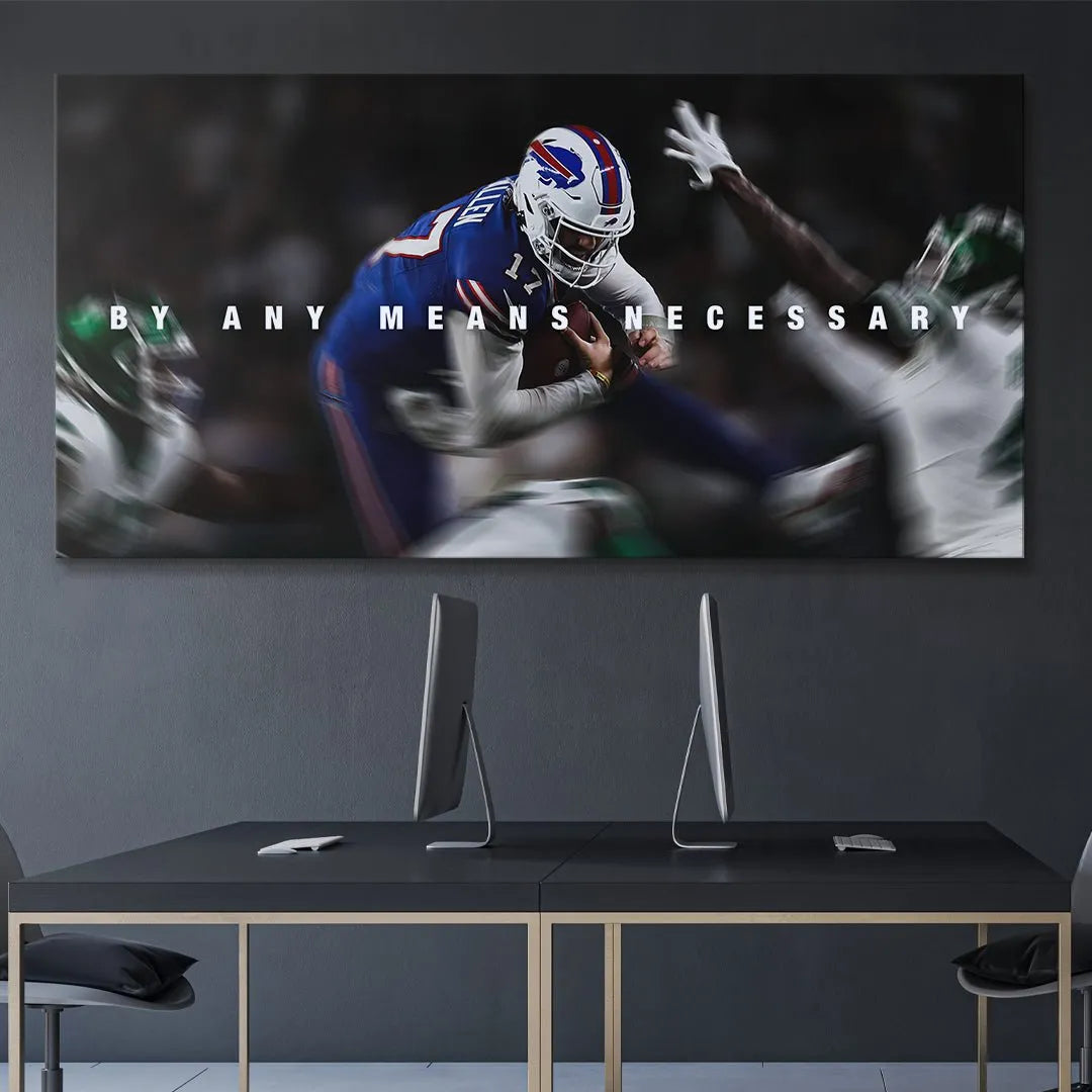 Texture view of the canvas surface showing the high-quality print of Josh Allen - By Any Means against motion blur.