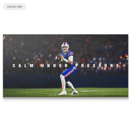 Josh Allen - Calm Under Pressure: Wide horizontal shot of the quarterback in mid-throw stance on the illuminated football field.