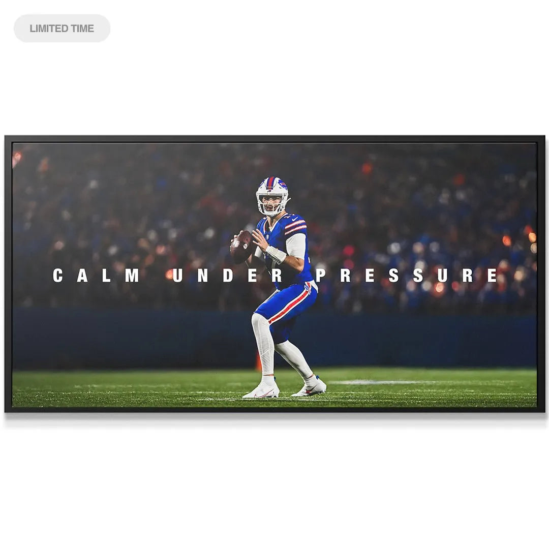 Close-up view of the football and Josh Allen's focused expression in 'Calm Under Pressure' artwork.