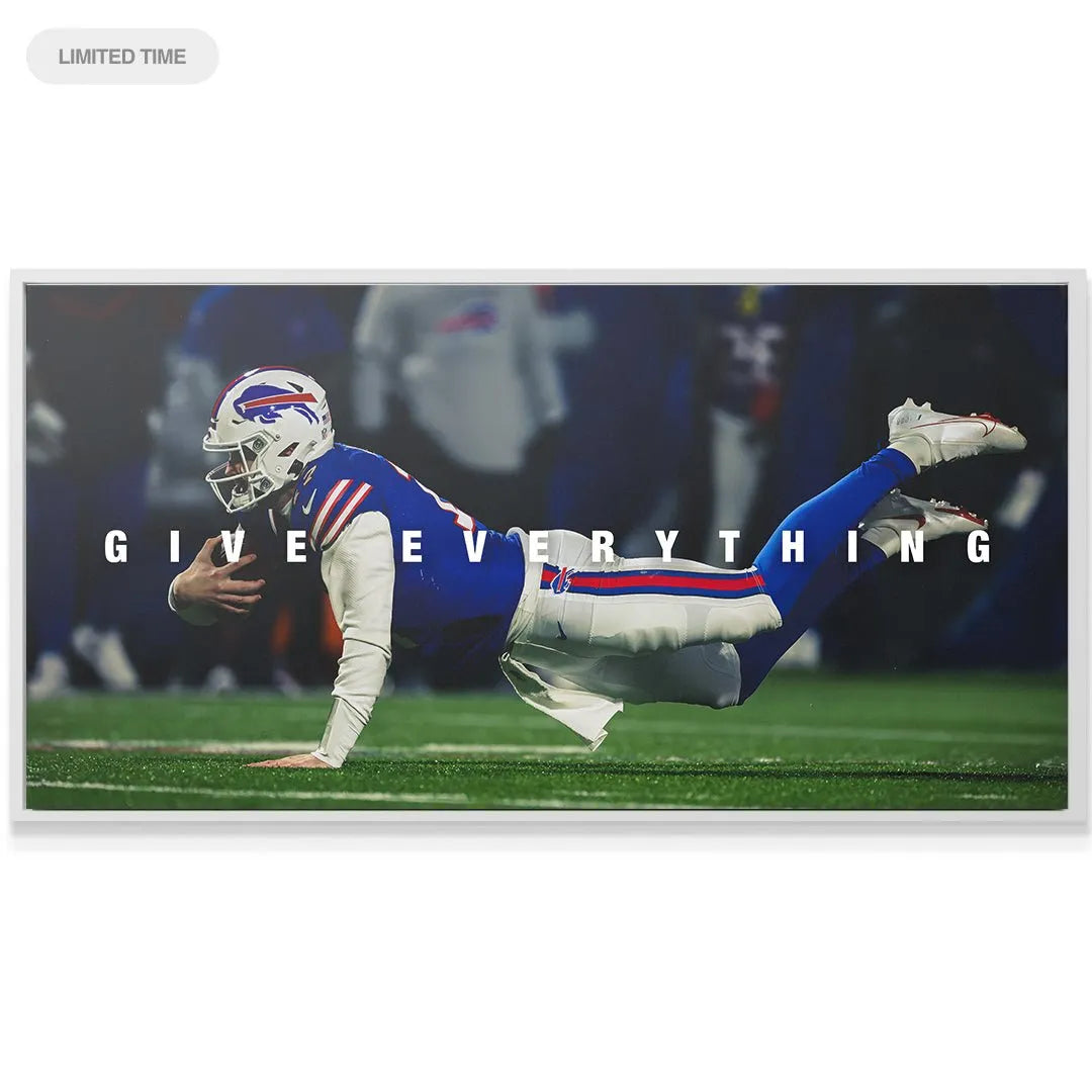 Textured canvas rendering of Josh Allen - Give Everything displayed in a modern sports room setting.