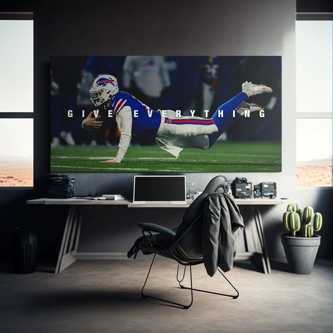 Wide shot showing the horizontal orientation of the limited edition Josh Allen - Give Everything artwork on a white background.
