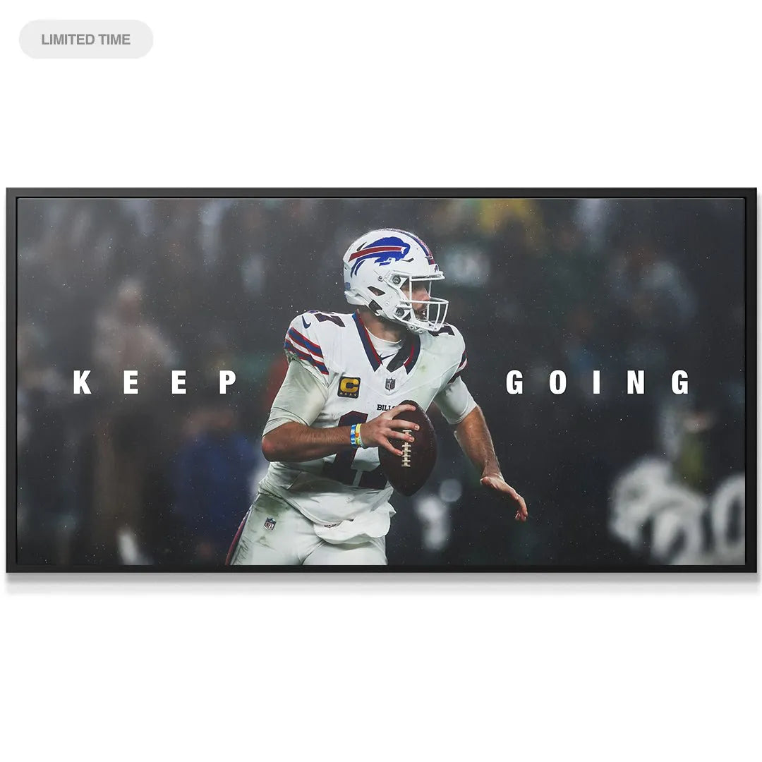Close-up texture detail of the canvas print showcasing the determined look of Josh Allen - Keep Going artwork.