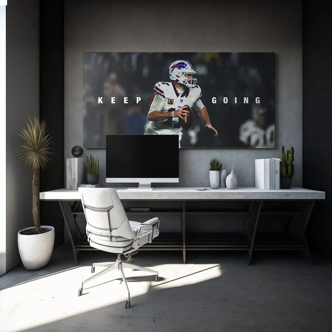 Dynamic mid-action profile shot of Josh Allen holding the football in the inspirational 'Keep Going' artwork.