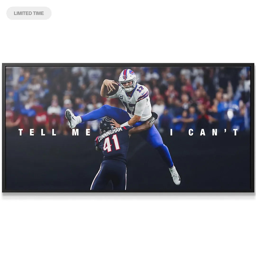 Close-up on Josh Allen’s determined helmet and face during the iconic Tell Me I Can't 2 leap over the defender.