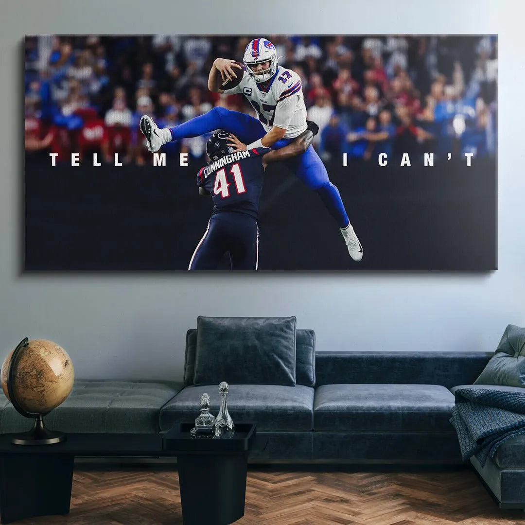 Lifestyle mockup showing the Josh Allen - Tell Me I Can't 2 print displayed prominently in a modern living room setting.