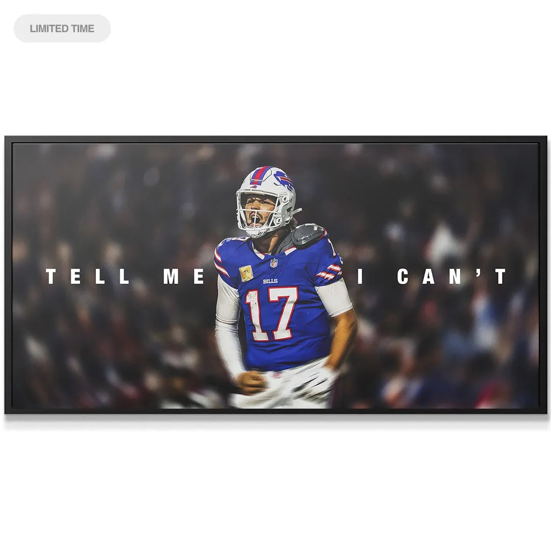 Close-up detail of Josh Allen's helmet and focused expression on the intense Tell Me I Can't print.
