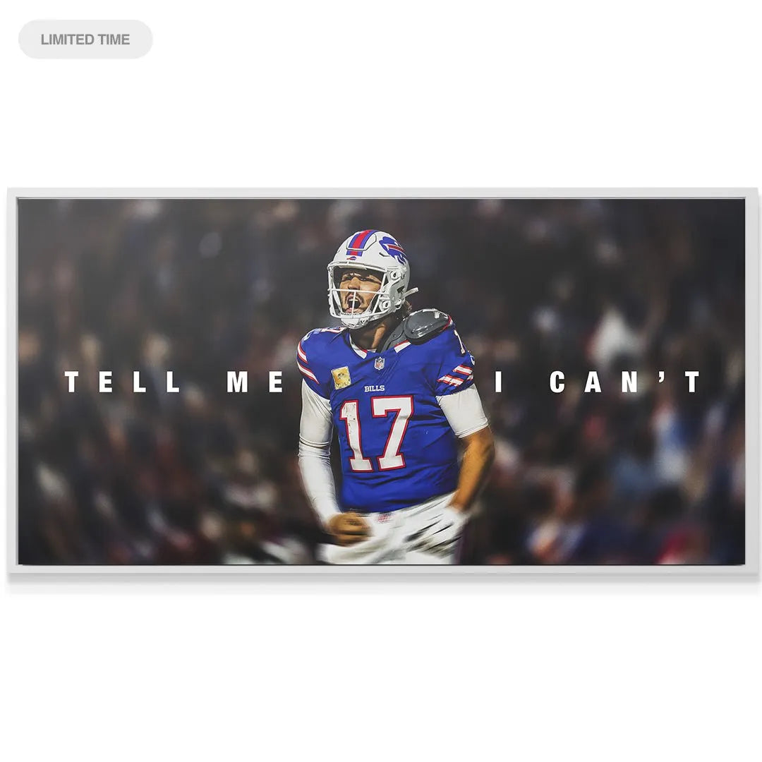 Textured canvas finish showcasing the detailed blue Bills jersey in the Josh Allen - Tell Me I Can't poster.