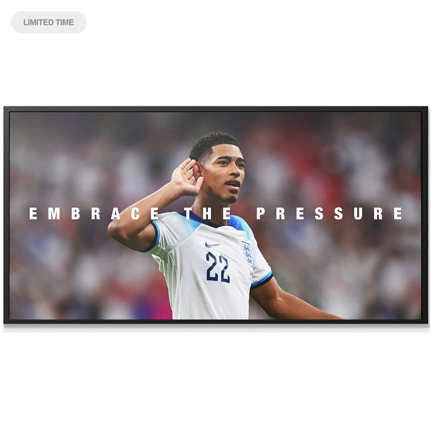 Full wide shot of the stadium atmosphere surrounding the displayed 'Jude Bellingham - Embrace The Pressure' artwork.
