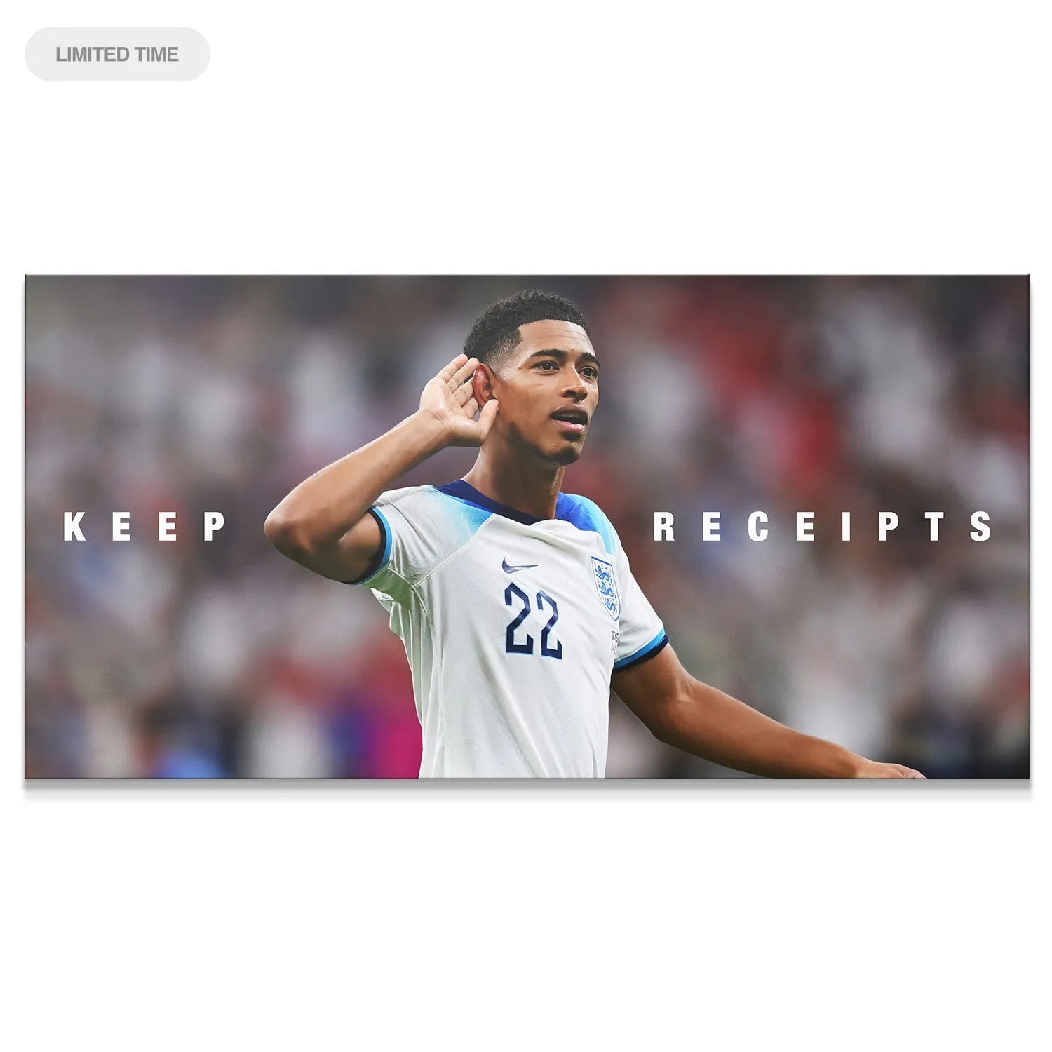 Close-up of Jude Bellingham making the 'Keep Receipts' gesture on the official print.