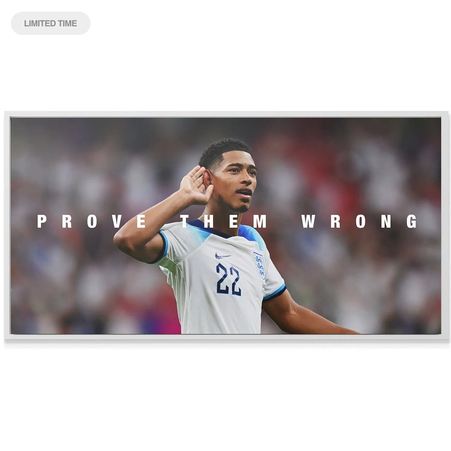 Lifestyle mock-up showing the motivational canvas print Jude Bellingham - Prove Them Wrong hanging in a modern living room setting.