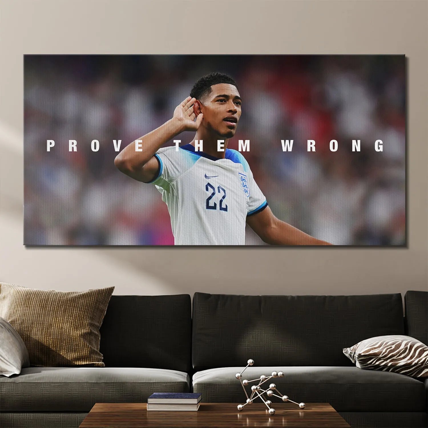 Detailed view of the canvas texture and sharp, white lettering on the Jude Bellingham - Prove Them Wrong artwork.