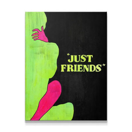 Full view of the vibrant pop art canvas titled "Just Friends" featuring neon green and pink figures.