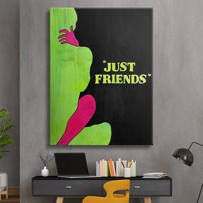 Detailed crop showing the pink hand embracing the green figure in the 'Just Friends' artwork.