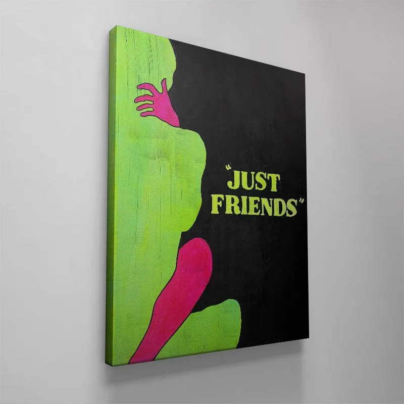 Lifestyle mockup showing the compelling 'Just Friends' artwork displayed above a modern sofa.