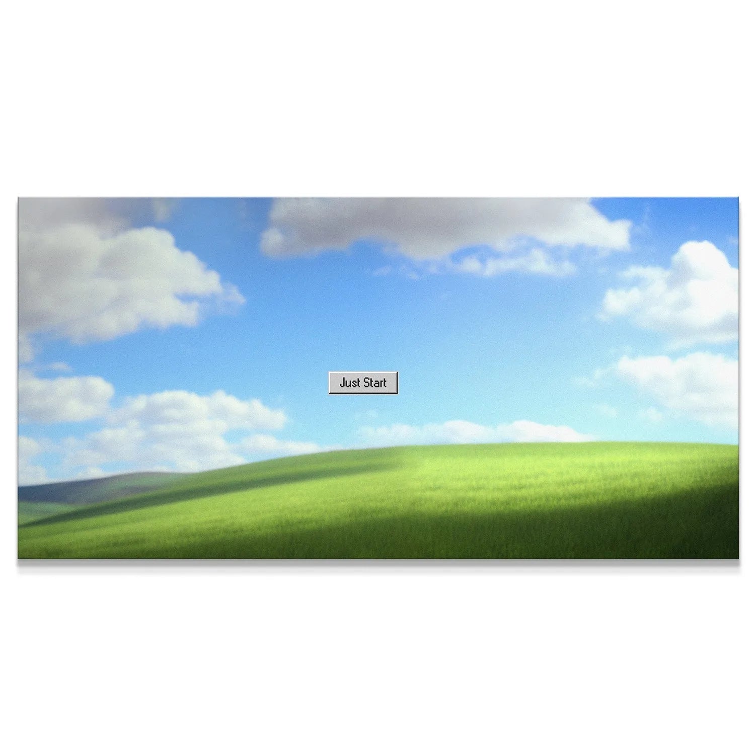 Widescreen view of the 'Just Start' motivational canvas art against a vibrant blue sky.