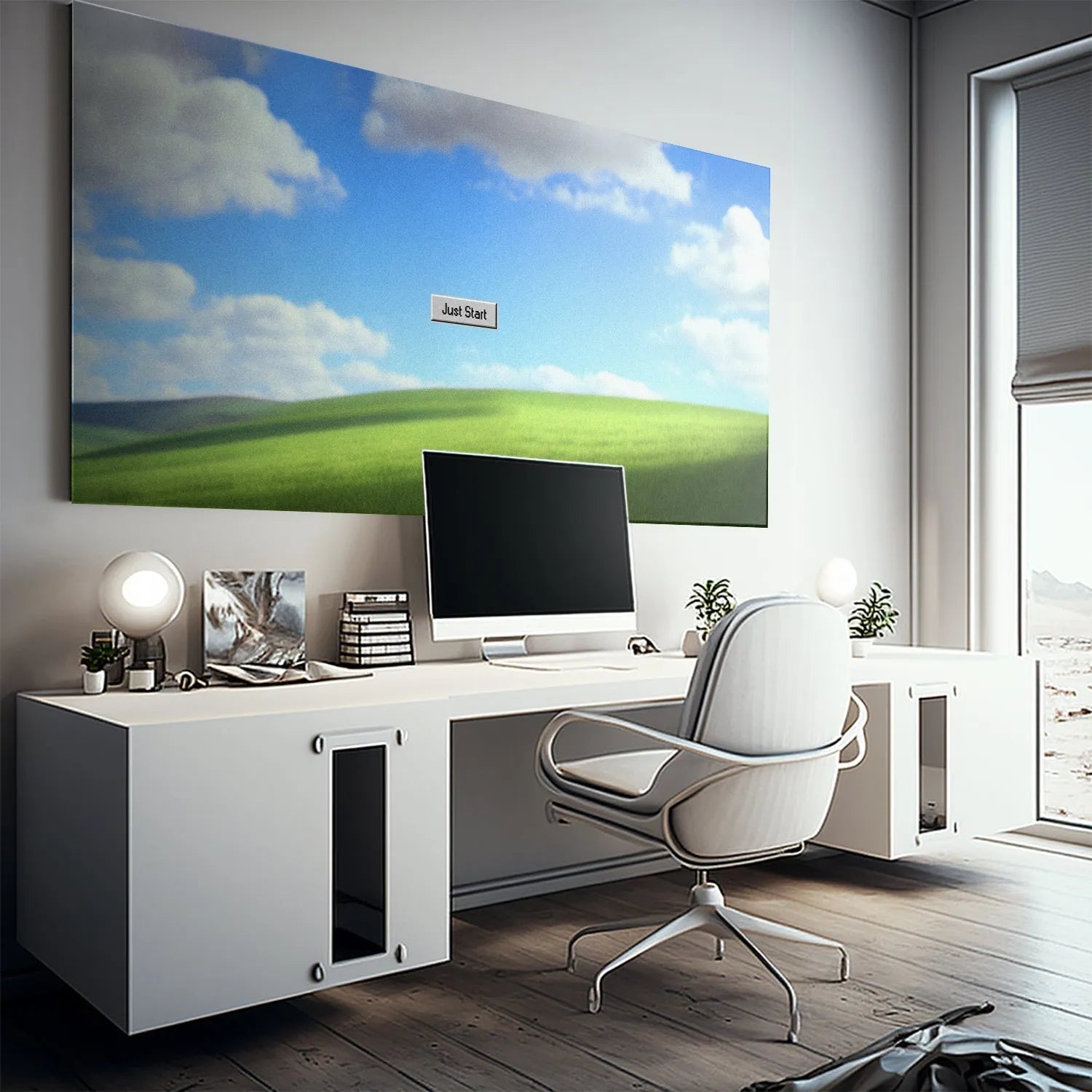 Full frontal view of the ready-to-hang 'Just Start' digital art print displayed on a wall.