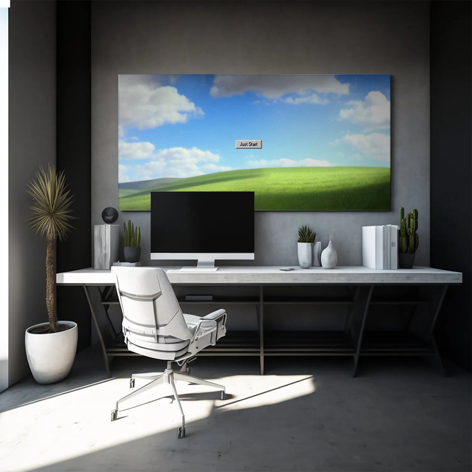 High-resolution rendering of the fluffy white clouds hovering above the 'Just Start' prompt.
