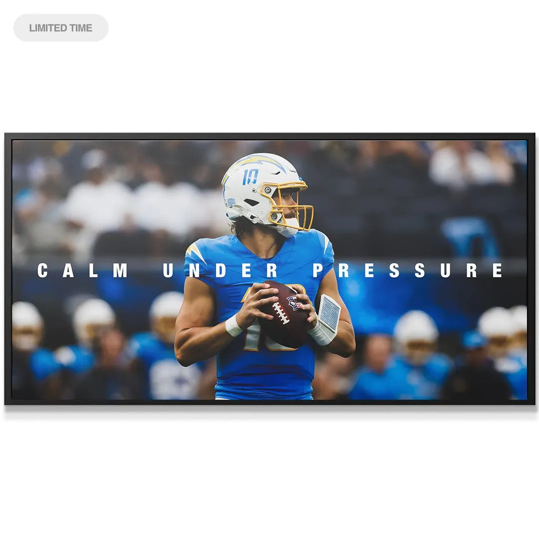 Wide angle stadium view highlighting the vibrant blue jersey, titled "Justin Herbert - Calm Under Pressure 2".