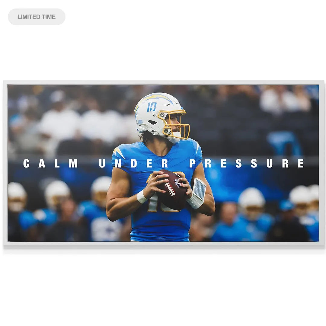 Side profile of Justin Herbert looking downfield, captured in "Justin Herbert - Calm Under Pressure 2".