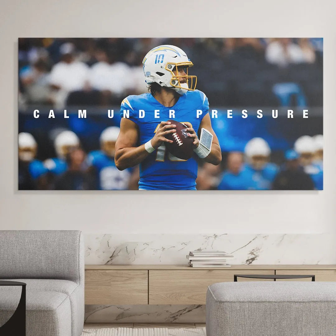 Canvas texture mock-up of the artwork "Justin Herbert - Calm Under Pressure 2" showing resolution detail.