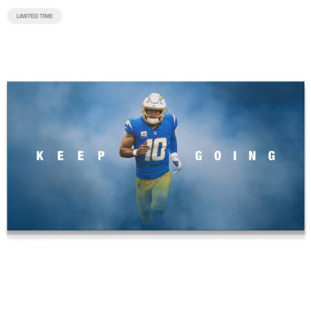 Wide horizontal view of the Justin Herbert - Keep Going motivational canvas poster, focusing on the blue smoke background.