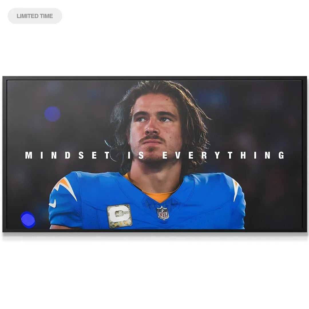 Wide shot of the inspirational canvas showcasing the large, clear typography layout for "Justin Herbert - Mindset Is Everything."