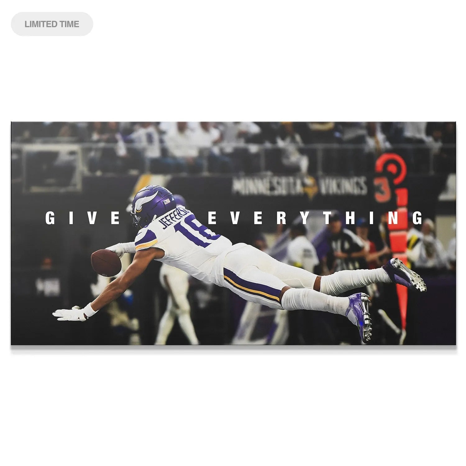 Dynamic horizontal view of Justin Jefferson - Give Everything, showing the full extension and stadium backdrop.