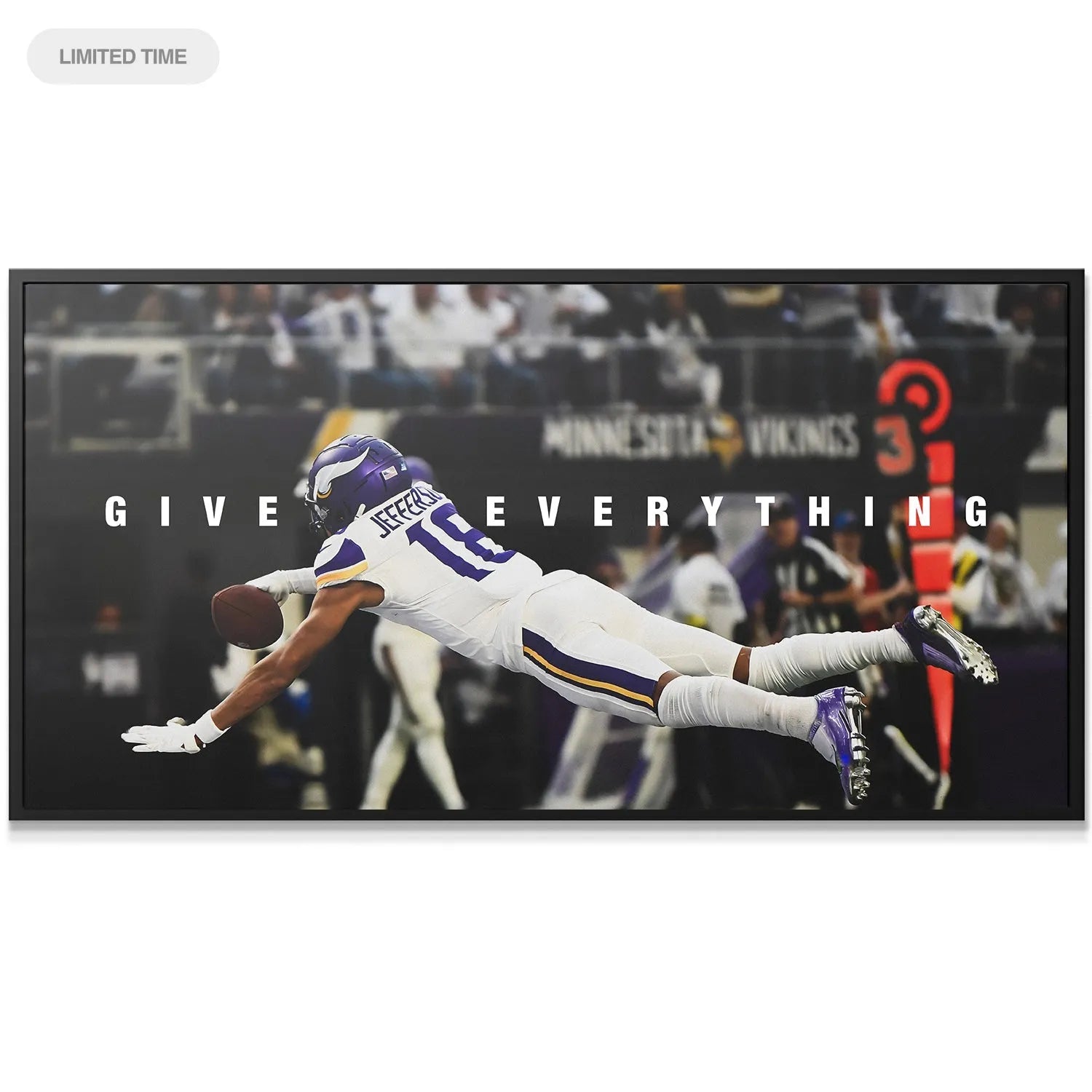 Close-up action: Detailed view of the football and gloved hand during the iconic 'Justin Jefferson - Give Everything' diving catch.
