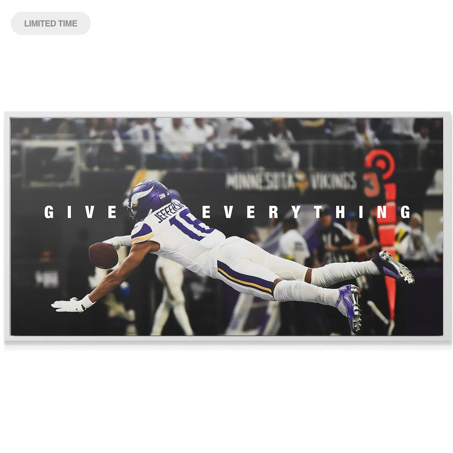 Uniform detail: Focus on the Vikings jersey number 18 and purple helmet texture in the 'Justin Jefferson - Give Everything' artwork.