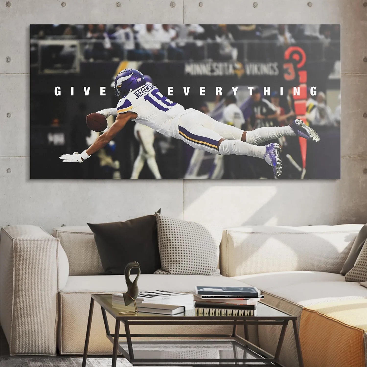 Footwear perspective: Image of Justin Jefferson's purple cleats hovering above the turf, symbolizing 'Justin Jefferson - Give Everything' effort.