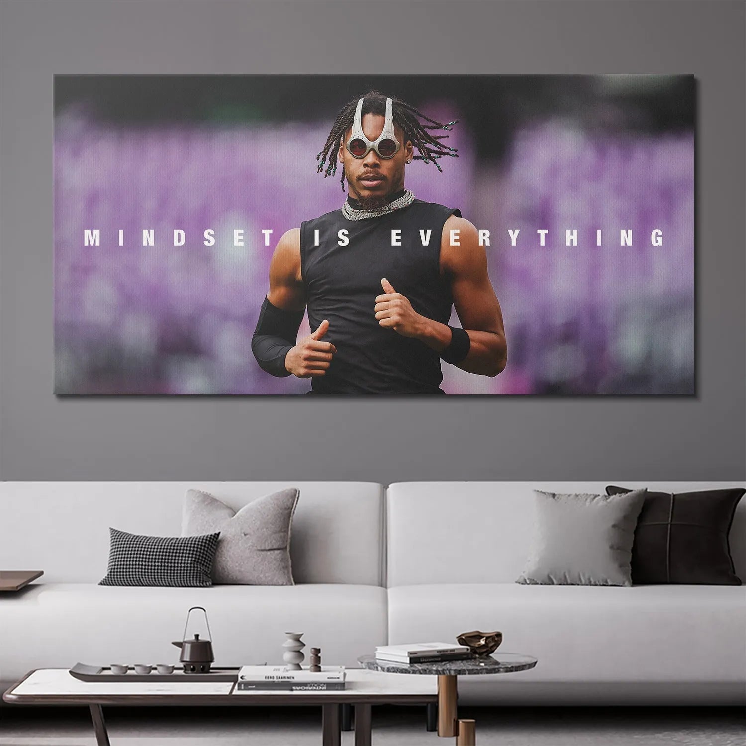 Mid-section crop of Justin Jefferson - Mindset Is Everything, focusing on his athletic running posture and arm band.