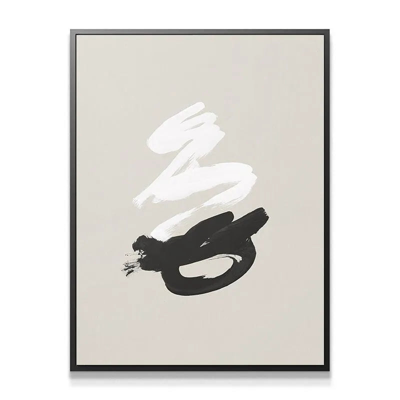 Close-up texture detail of thick black and white paint application on the abstract Kanji canvas.