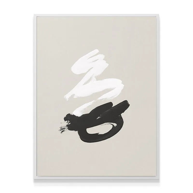Lifestyle shot: Abstract black and white Kanji canvas displayed elegantly in a modern living room setting.