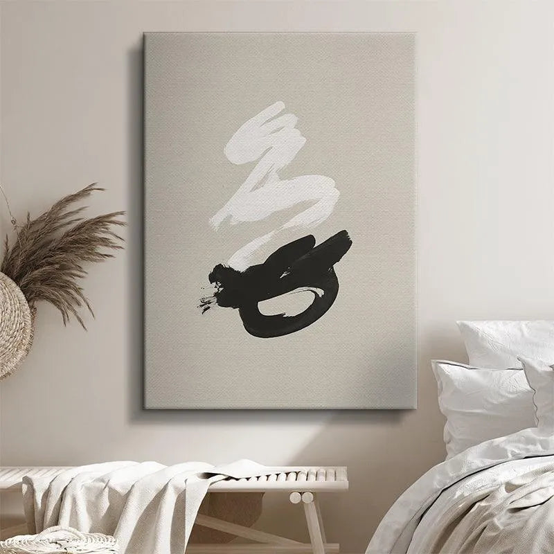 Detailed crop focusing specifically on the dynamic movement of the white ink element of the expressive Kanji design.