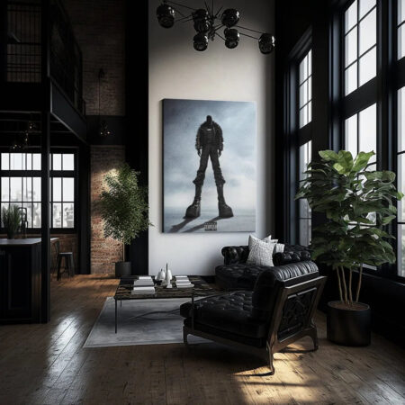 Full lifestyle shot of the luxurious interior featuring the Kanye West - Donda Black canvas art above a dark leather sofa.