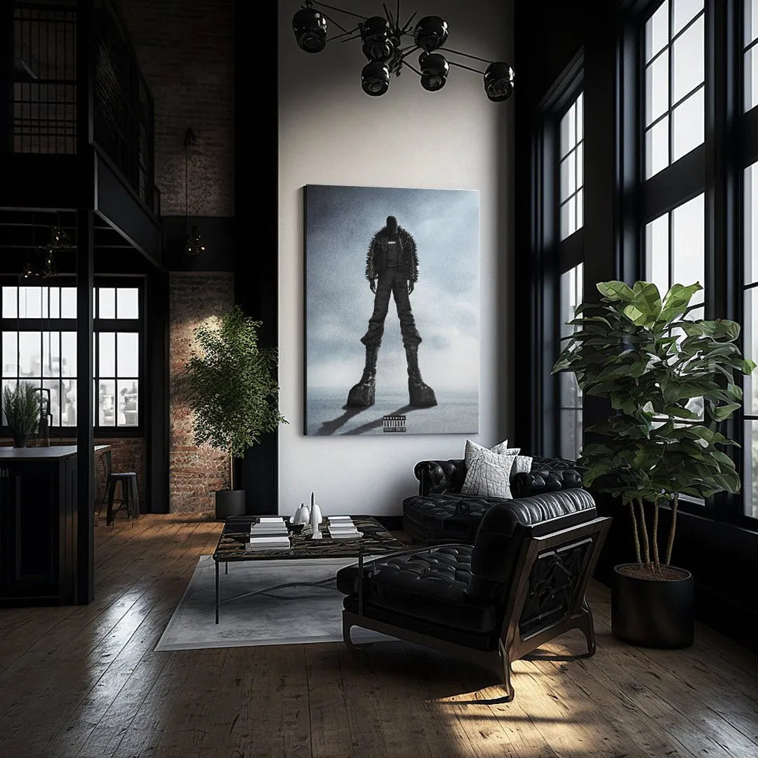 Full lifestyle shot of the luxurious interior featuring the Kanye West - Donda Black canvas art above a dark leather sofa.