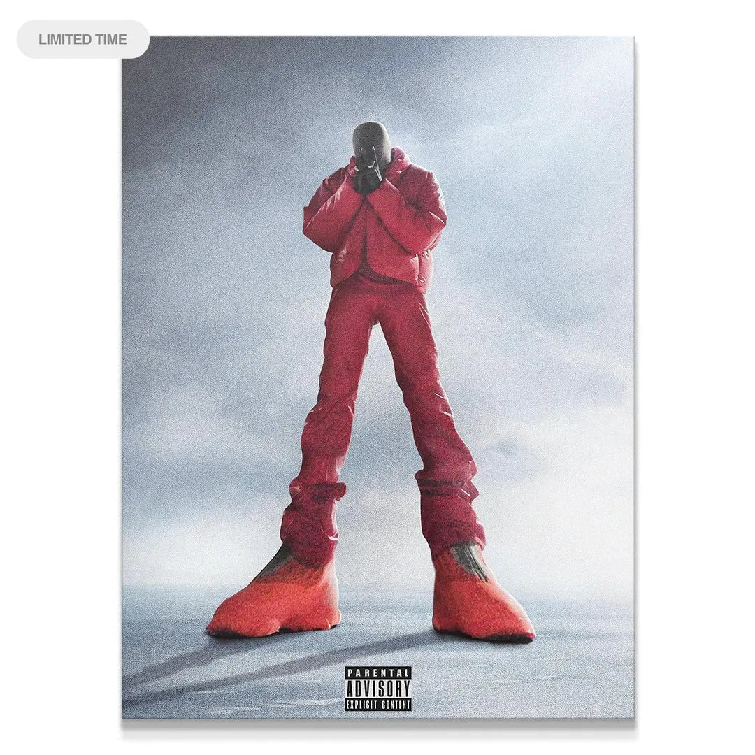 Close-up detail of the figure's silhouette and bundled red jacket on the Kanye West - Donda Red print.