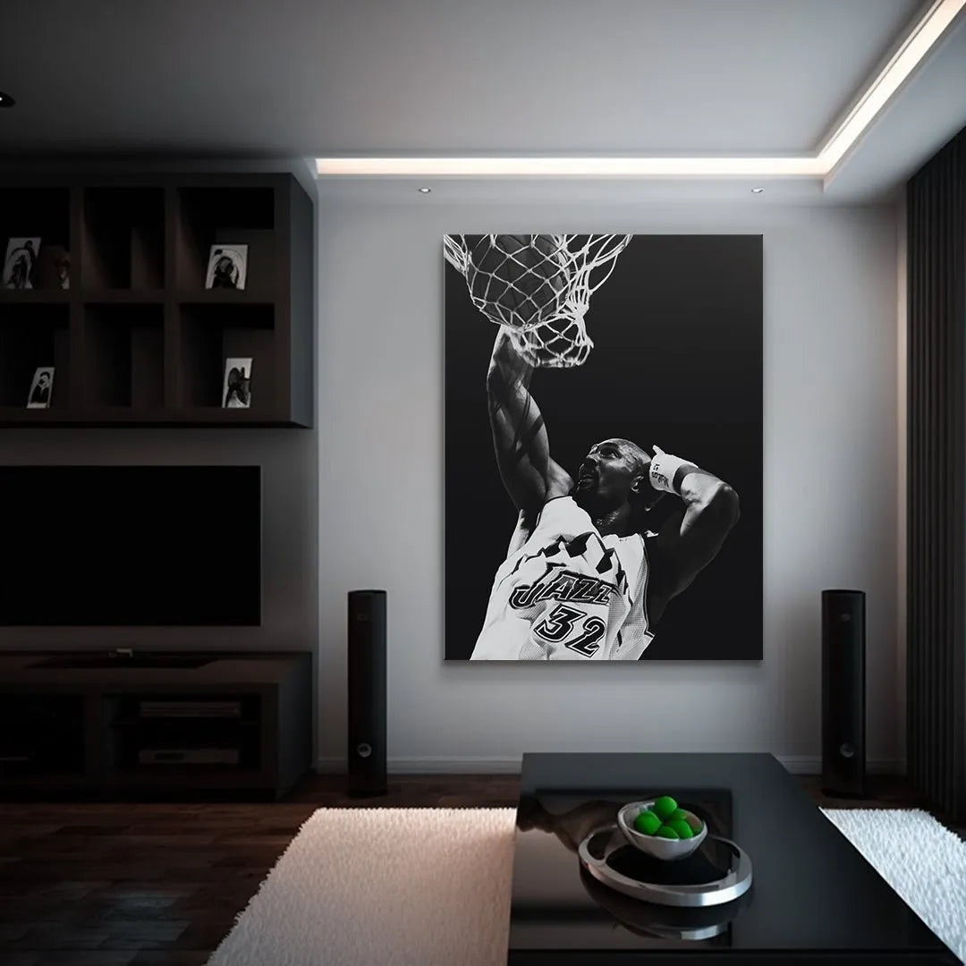 Black and white action shot of Karl Malone - #1 wearing the classic Utah Jazz 32 jersey.