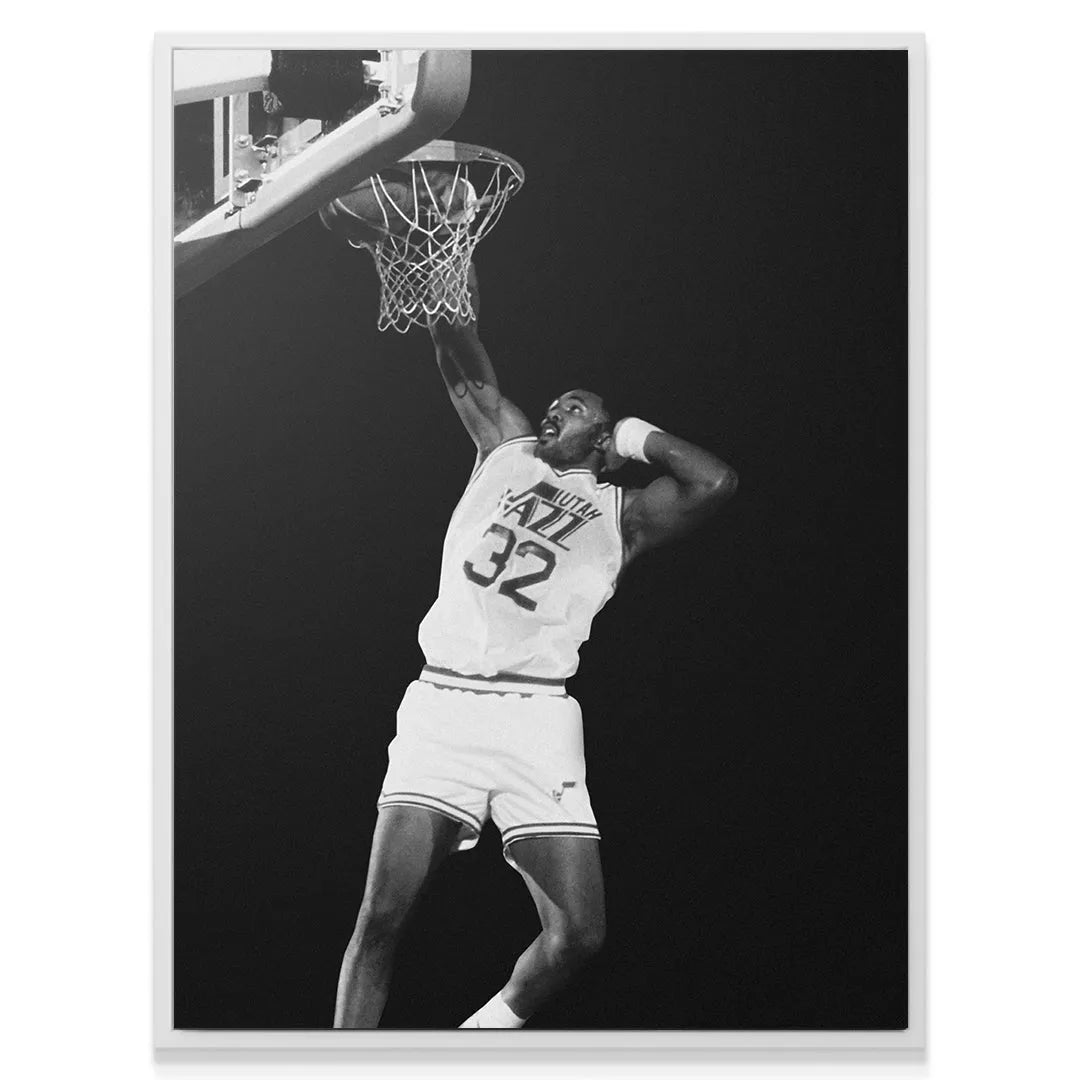 Black and white vintage texture print of NBA legend Karl Malone - #2 attacking the basket.