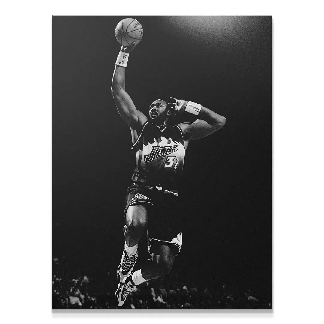 Karl Malone - #4 rising for a powerful dunk, high-contrast action shot on canvas.