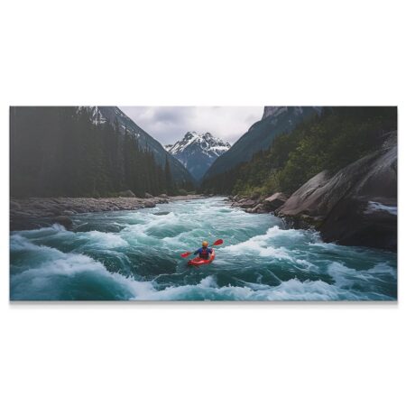Wide view of the entire mountain valley scene featuring the whitewater rapids, Kayaking - 1.