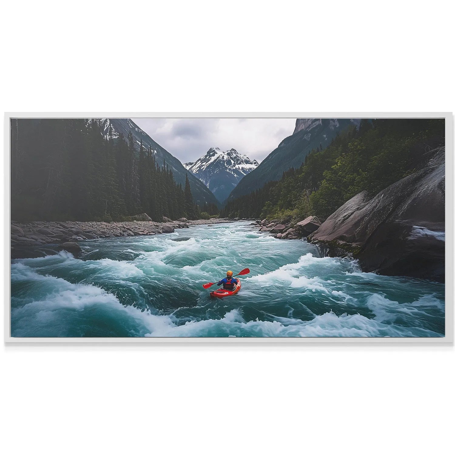 Lifestyle shot showing the scale of the small kayaker against the immense snow-capped peaks in Kayaking - 1.
